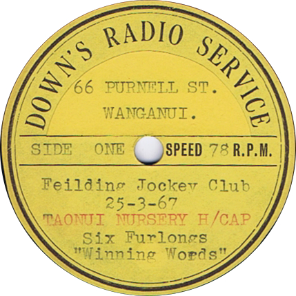 Record Label
Down's Radio Service
Wanganui
Feilding Jockey Club
25/3/1967
Taonui Nursery Handicap
Six Furlongs
Winning Words