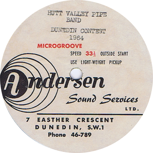 Record label
Anderson Sound Services
Dunedin
Hutt Valley Pip Band
Dunedin Contest 1964