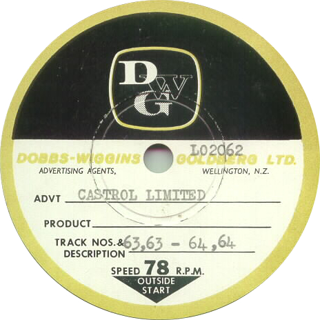 Record Label
DWG Dobbs-Wiggins Goldberg Ltd
Wellington
Castrol Ltd
Advertisements
