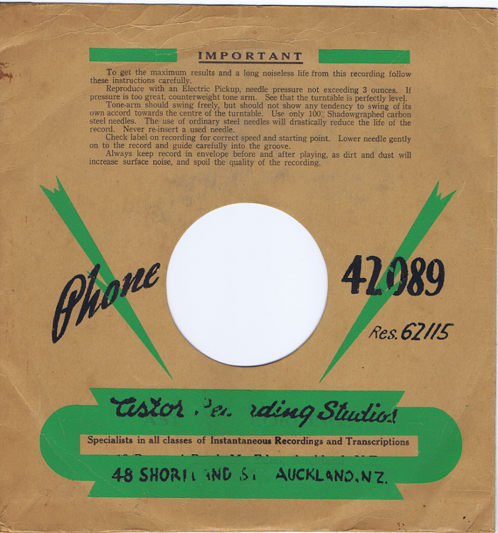 Record Sleeve
Astor Recording Studio
Auckland