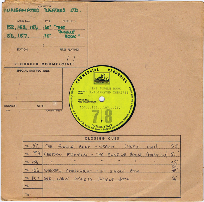 Record Sleeve
HMV Commercial Recording
Amalgamated Theatres
The Jungle Book
Recorded Commercials