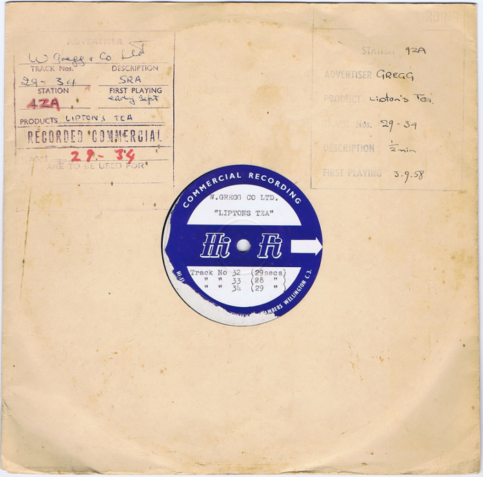 Record Sleeve
HiFi Recording Co
Wellington
Greggs Liptons Tea
Recorded Commercial